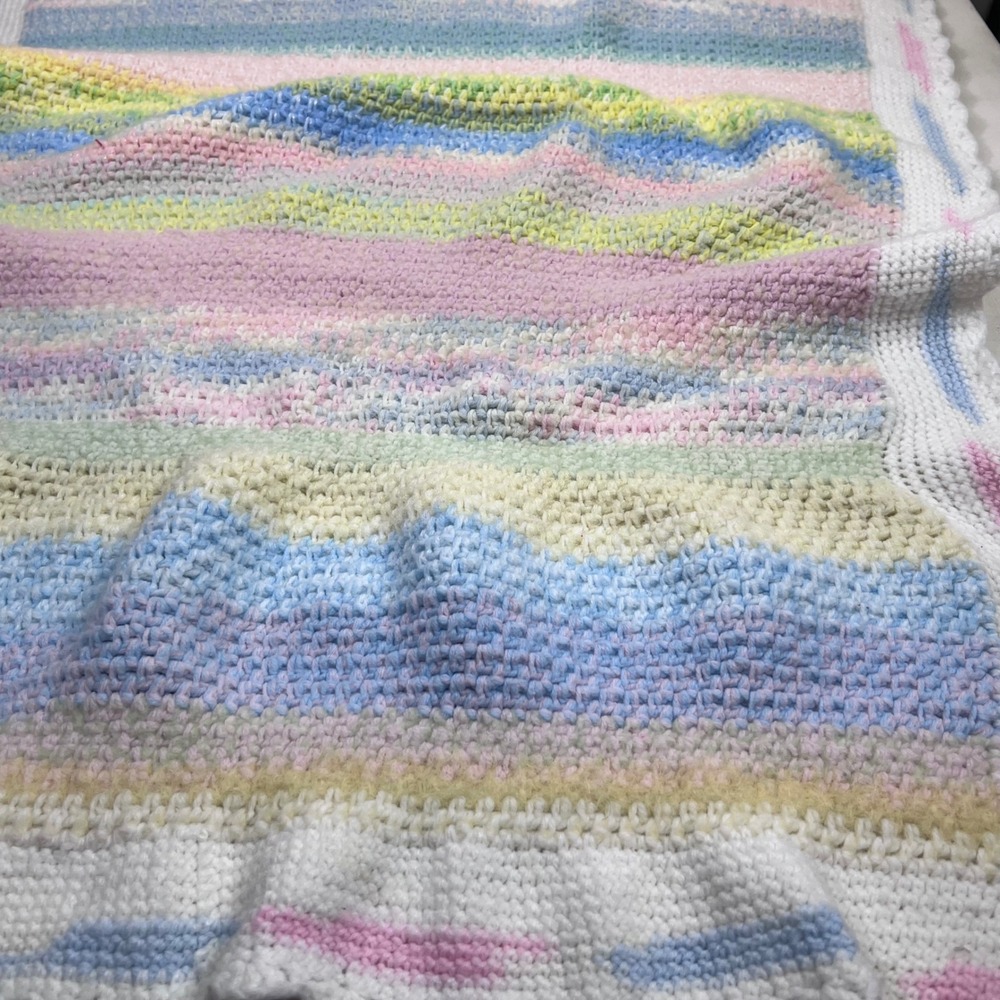 Vtg Pastel‎ Crochet Baby Blanket, Handmade Knit Stripes White Trim Soft READ - Picture 3 of 7